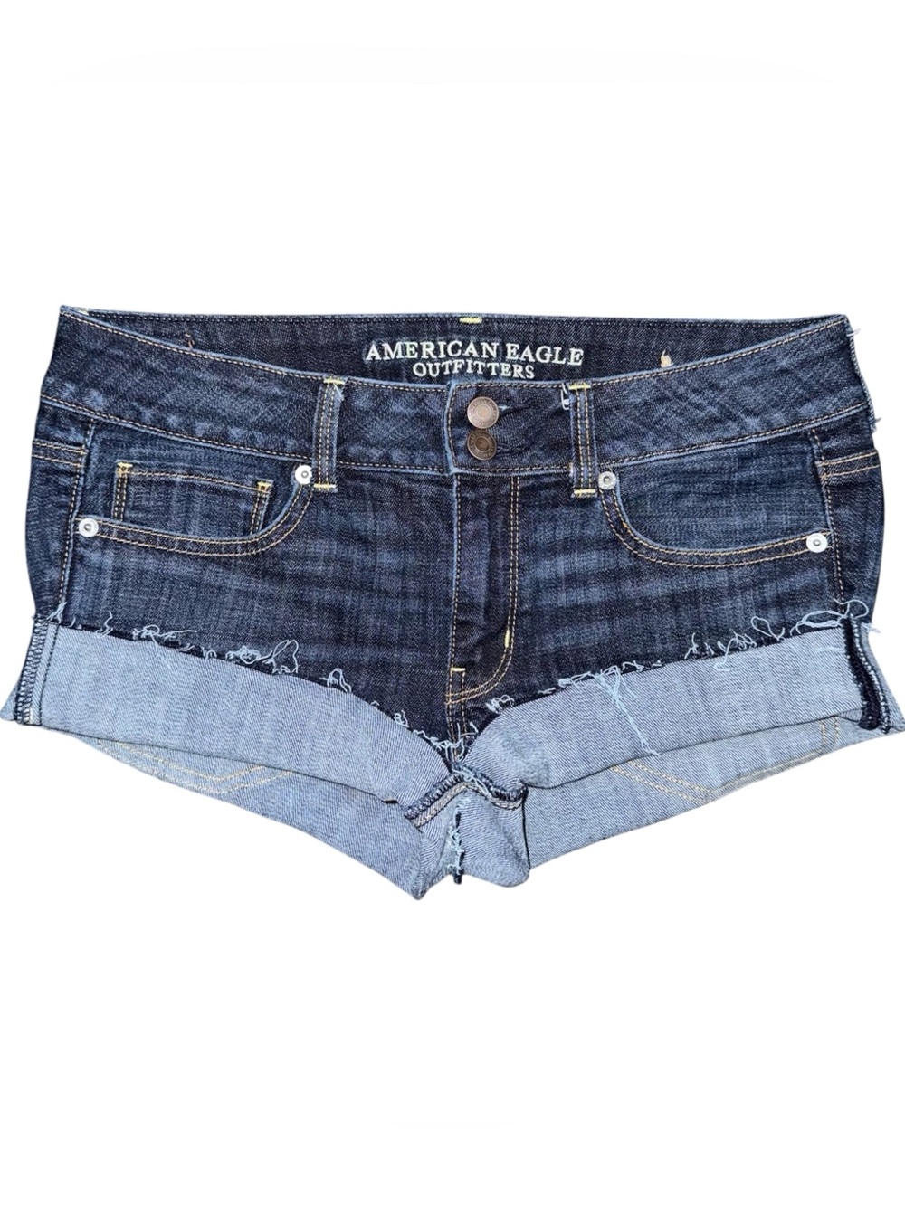 American Eagle Low Rise Micro Mini Jean Booty Shorts 8 Dark Wash Fray y2k Grunge